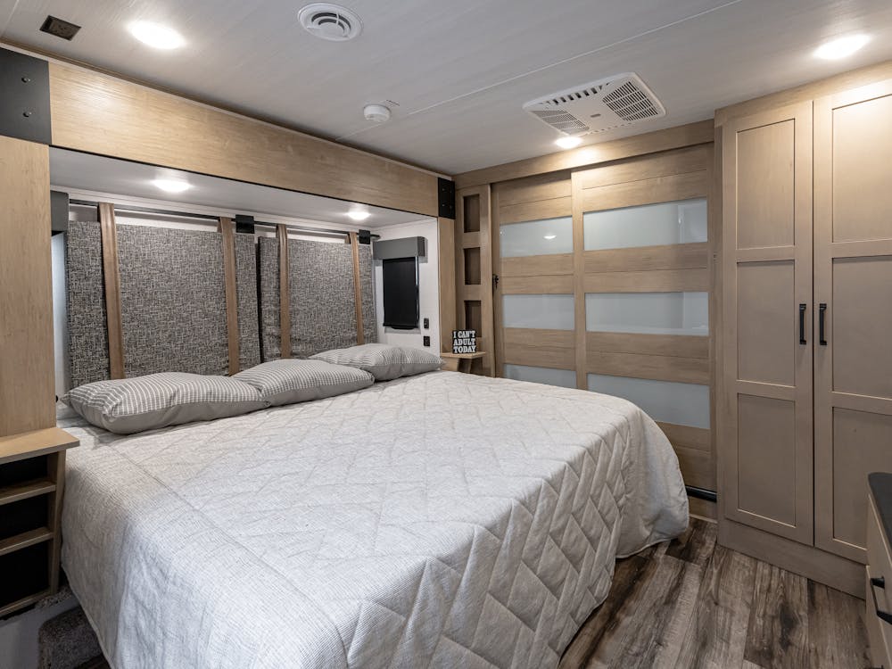 Raptor 431 Bedroom, showing off bed with large front closet