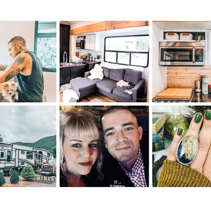 gallery of photos of a couple and their RV 
