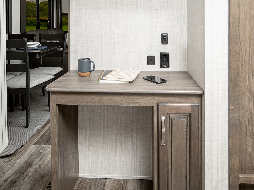 Desk in 2021 Cougar 357UMR mud room.