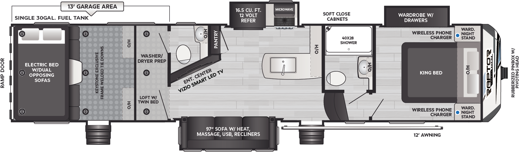Carbon Toy Hauler Fifth Wheels - Model 358 Floorplan - Keystone RV