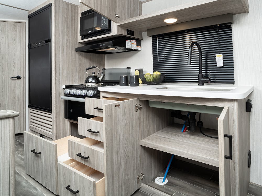 Passport 219BH kitchen drawers open
