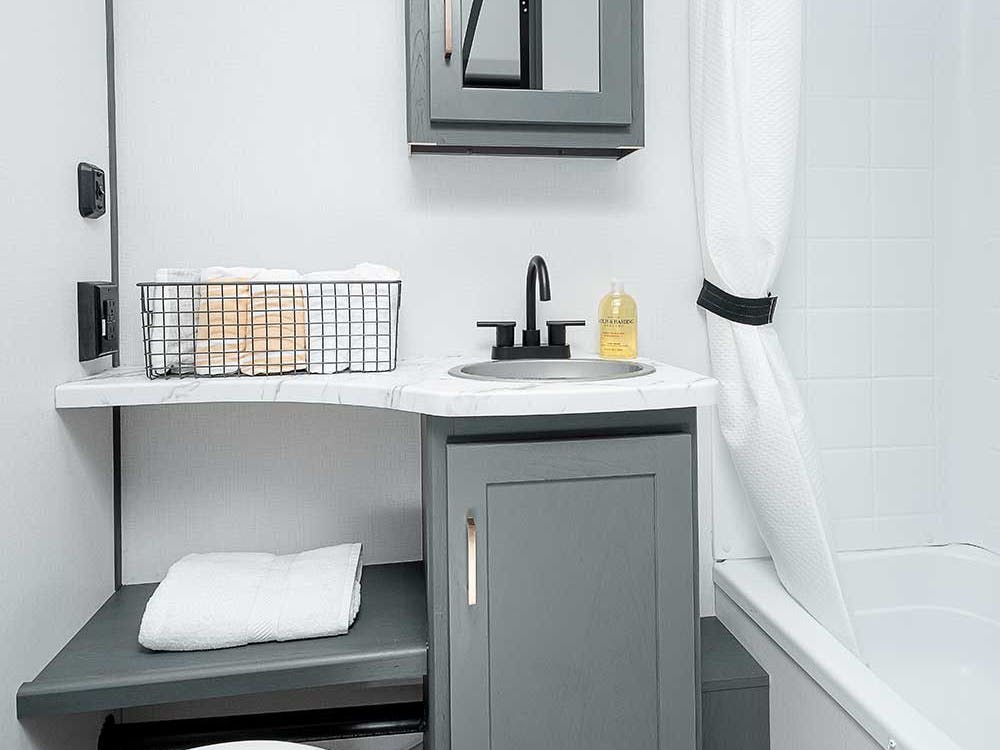 Bullet 287QBS bathroom showing off shower and storage