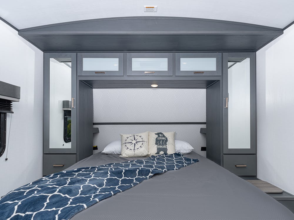Bullet 260RBS Bed, gray cabinets with plenty of storage, queen sized bed.
