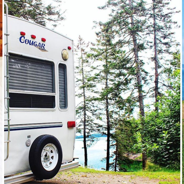 The back of an older Keystone Cougar parked beside a lake.  picture on right of Rachael Lyons walking in a grassy field in front of a lighthouse. 