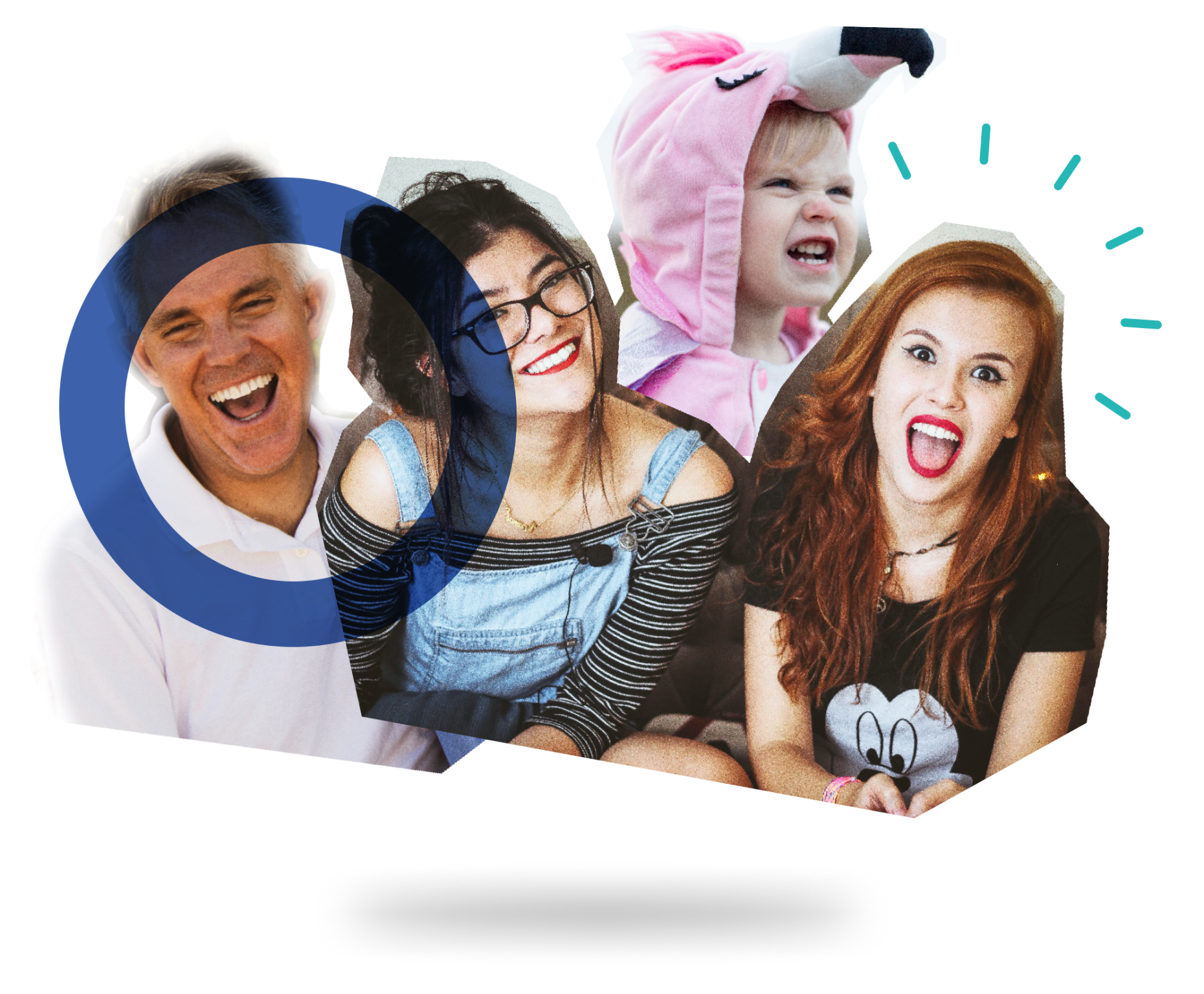 Eine lebendige Gruppe lachender Gesichter, darunter ein Kind im entzückenden Flamingo-Kostüm, die eine fröhliche und diverse Mischung von Persönlichkeiten darstellt.