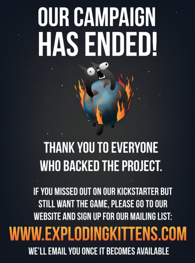 Example of Exploding Kittens branded backer page
