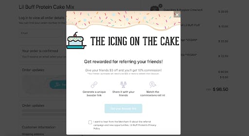Kickbooster's post-purchase pop-up feature in Lil Buff Protein's checkout