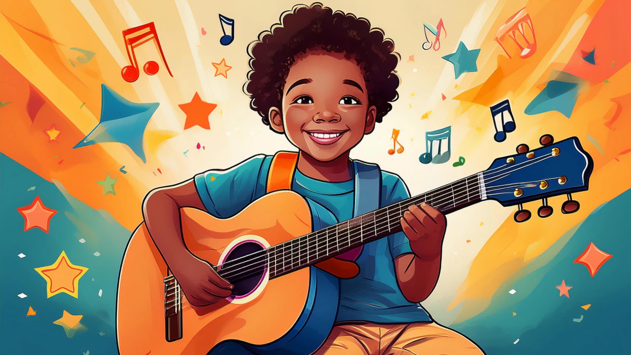 Child learning guitar online with a fun, beginner-friendly kids guitar course