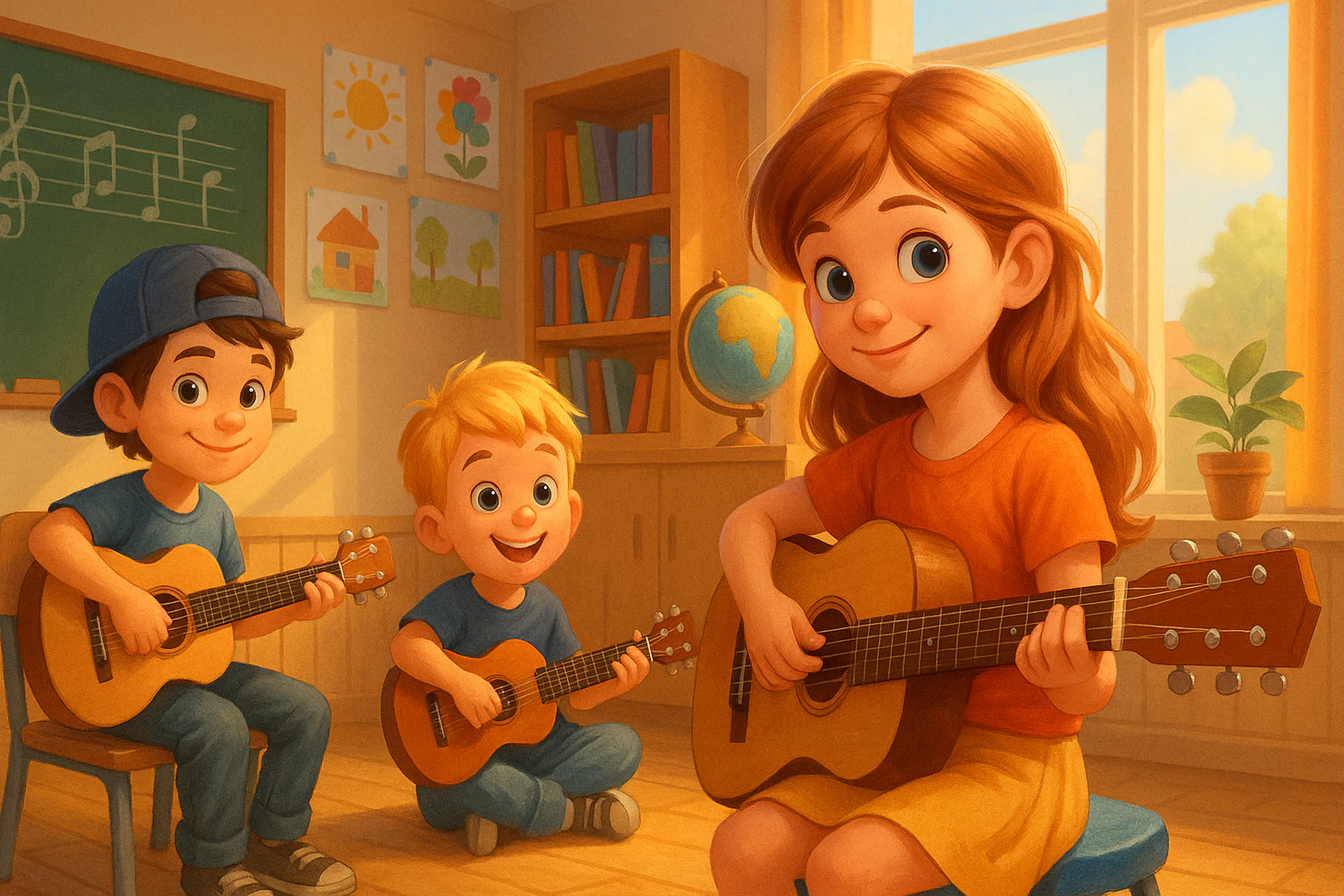 Children learning guitar together in a fun, supportive music lesson environment
