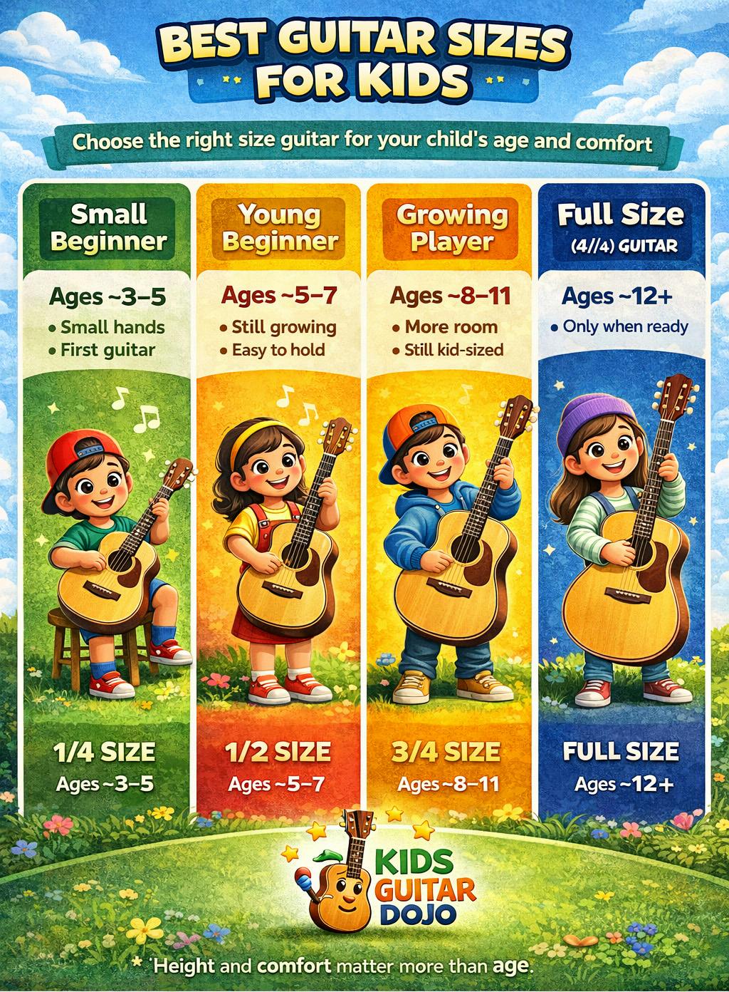 guitar-size-chart-for-kids-showing-1/4 1/2 3/4 and-full-size-guitars