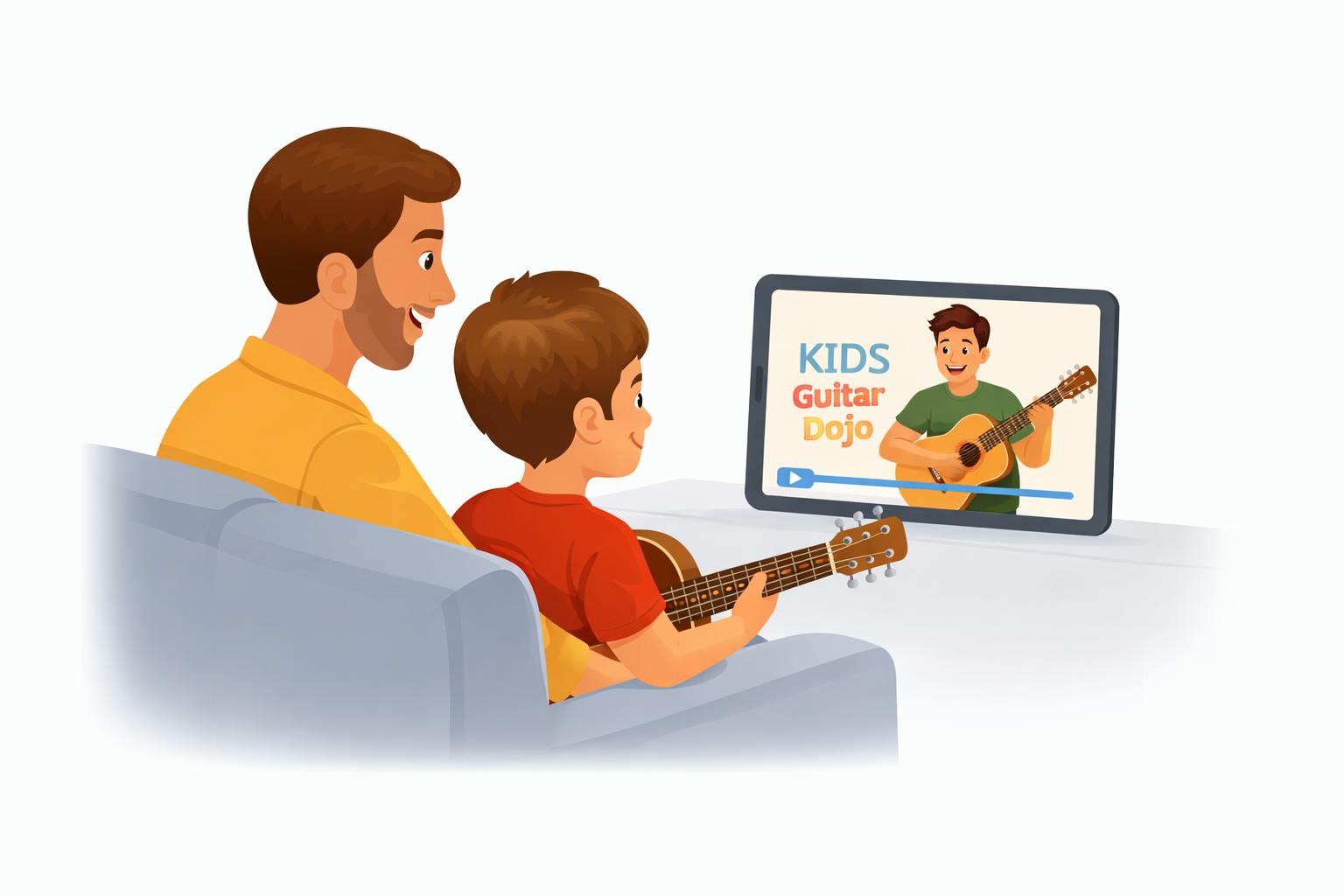 Parent and child watching a Kids Guitar Dojo lesson video and practicing together