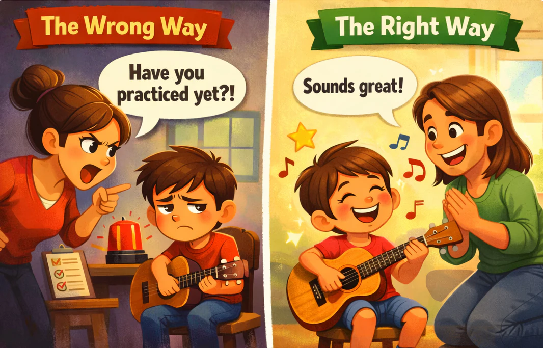 Split cartoon illustration showing the wrong way and right way parents can approach a child’s guitar practice