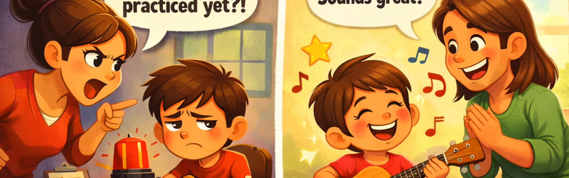 Split cartoon illustration showing the wrong way and right way parents can approach a child’s guitar practice
