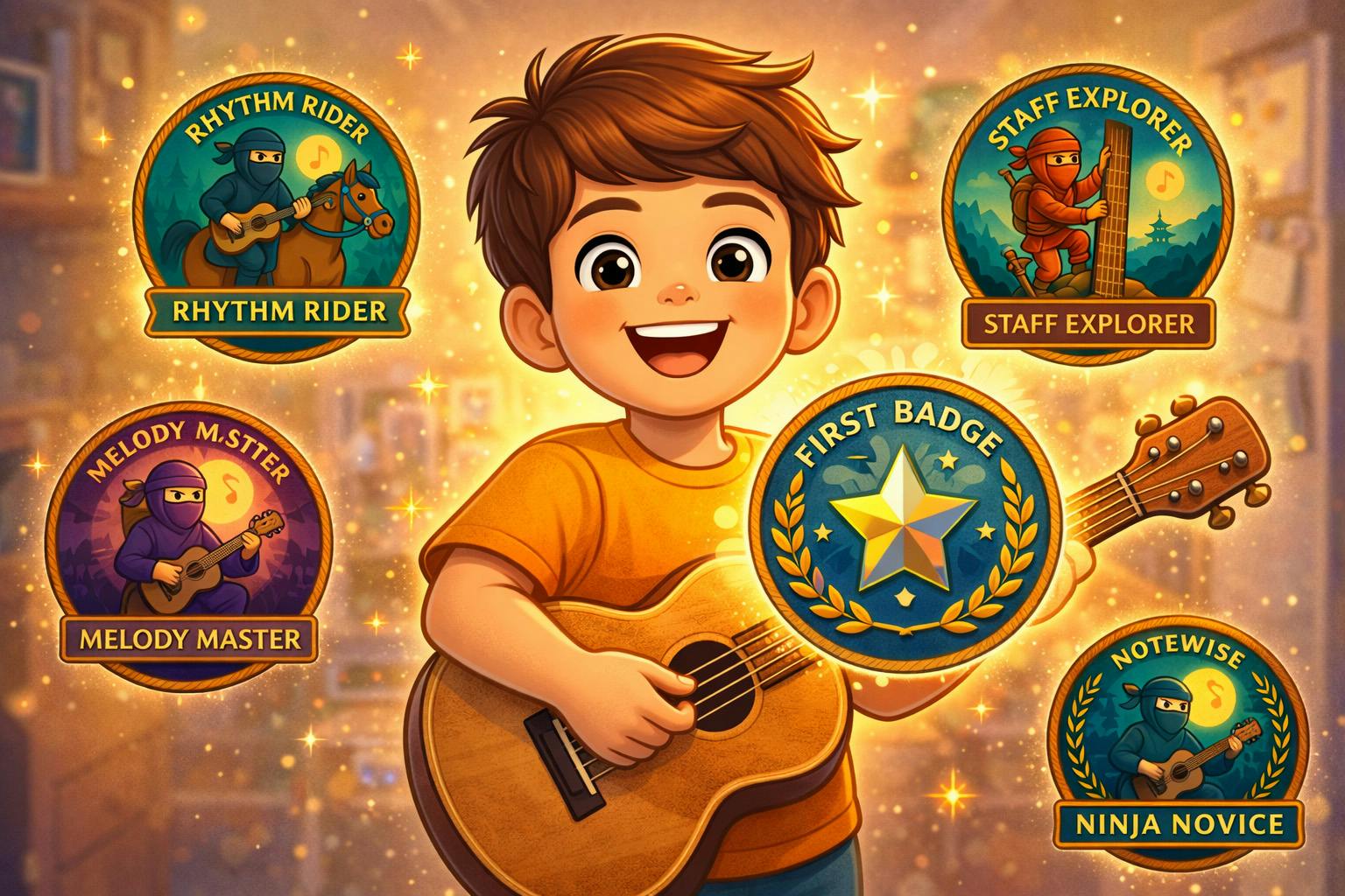 Child proudly showing a new guitar achievement badge while a parent celebrates beside them in a bright, Pixar-style Kids Guitar Dojo illustration.