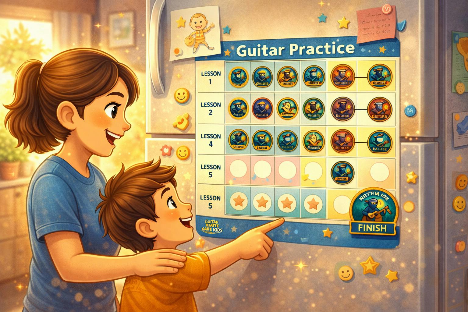 Parent and child smiling at a guitar practice wall chart covered in achievement stickers on a refrigerator in a colourful Pixar-style Kids Guitar Dojo scene