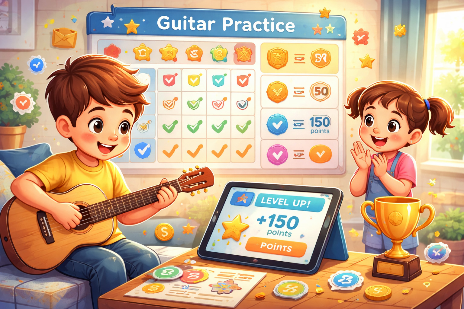 Child enjoying guitar practice with a colourful reward chart, earning points and badges in a fun gamified learning environment