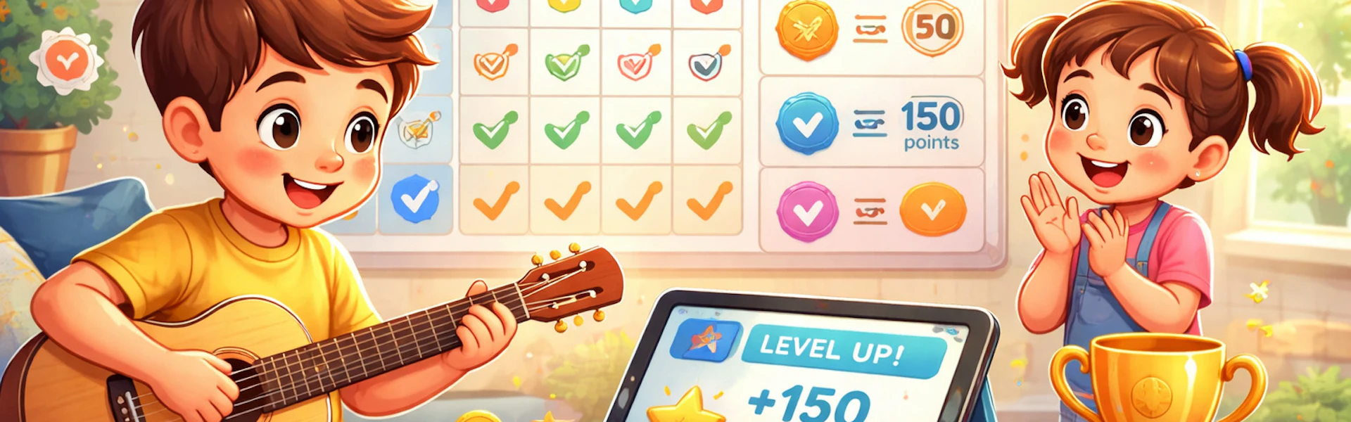 Child enjoying guitar practice with a colourful reward chart, earning points and badges in a fun gamified learning environment