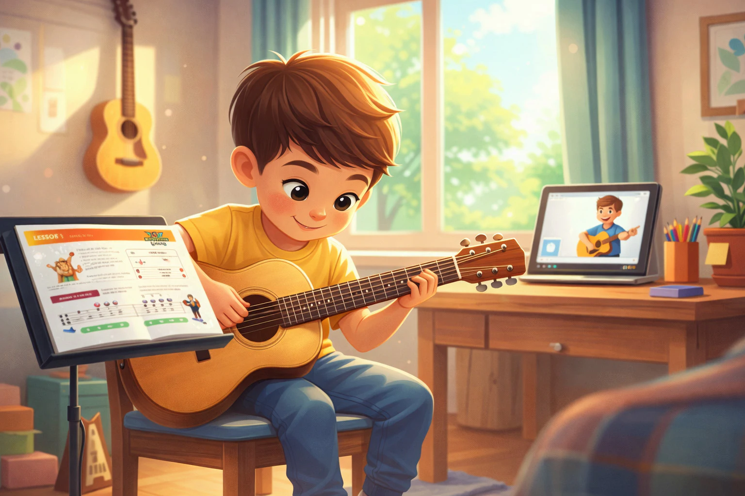 Child happily practising guitar using a colourful lesson book on a music stand in a warm, cozy room