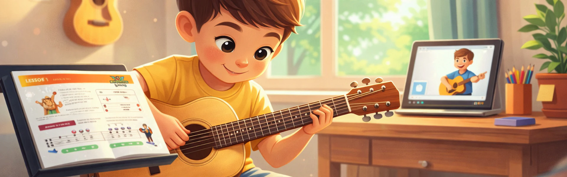 Child happily practising guitar using a colourful lesson book on a music stand in a warm, cozy room