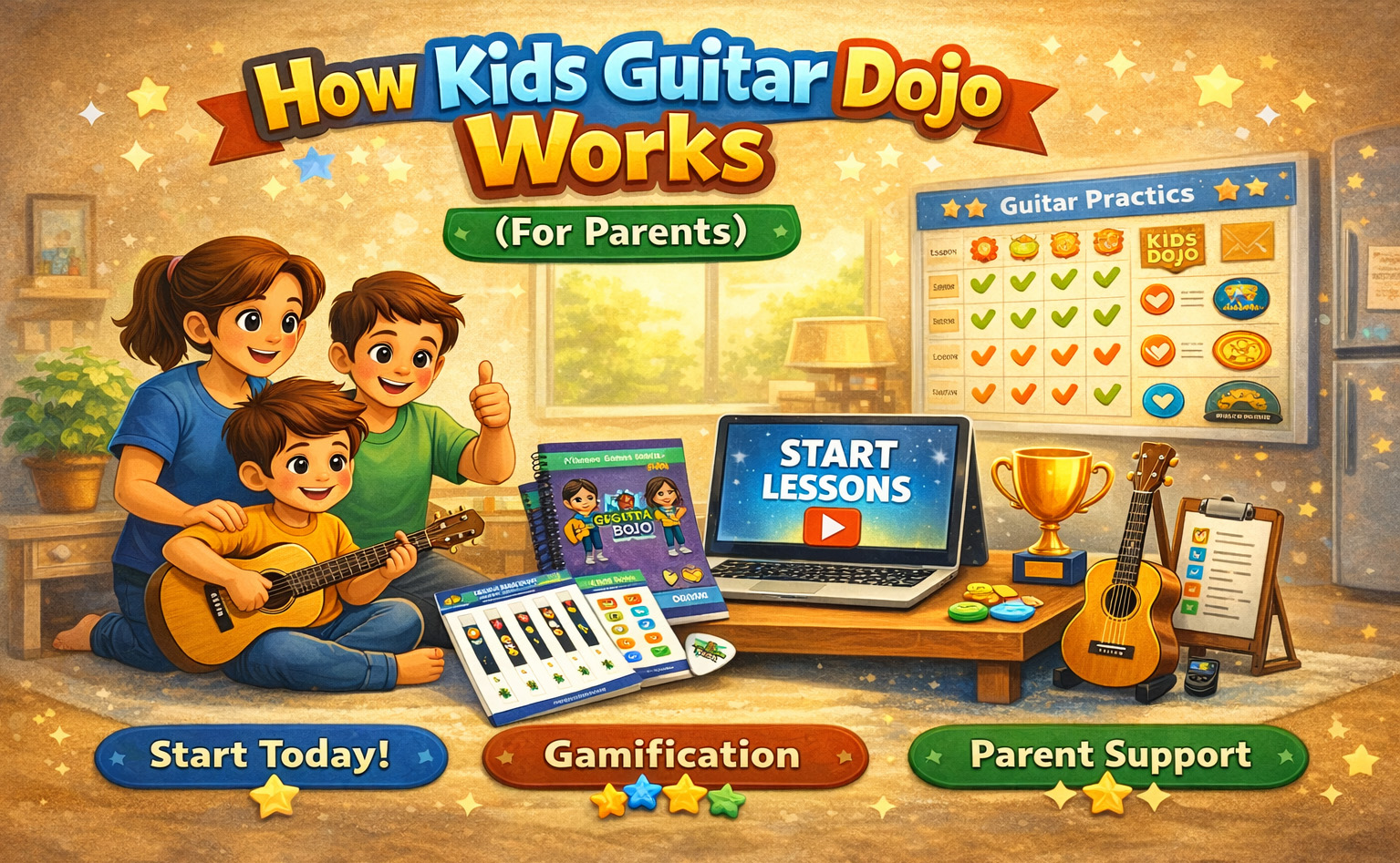Kids Guitar Dojo onboarding illustration showing a smiling family with lesson books, fretboard stickers, a laptop with ‘Start Lessons’, and a guitar practice reward chart in a bright, playful learning environment