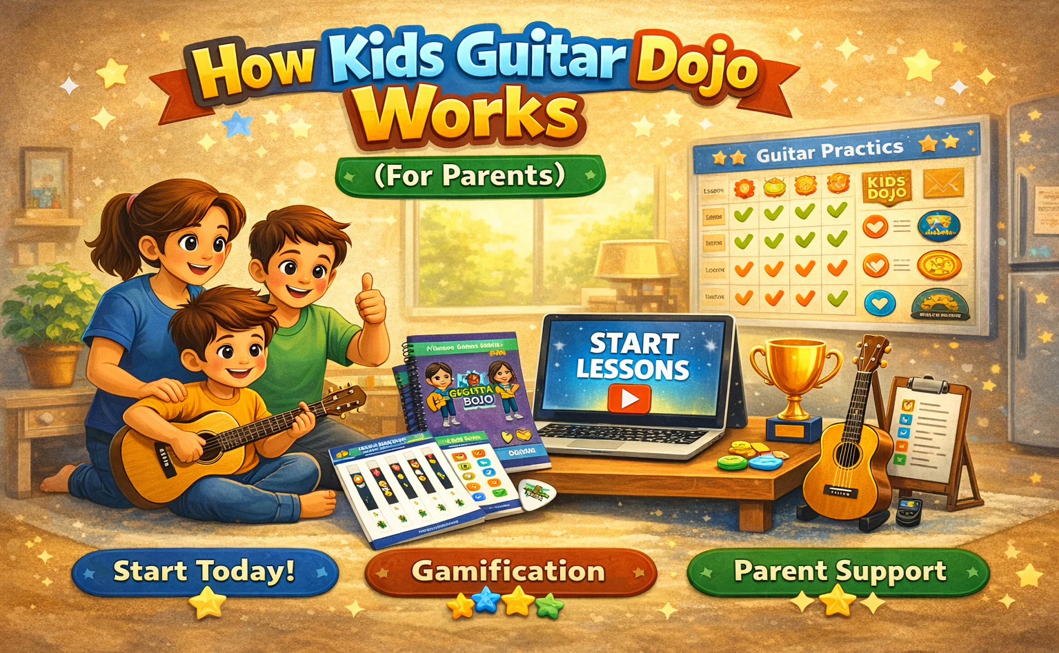 Kids Guitar Dojo onboarding illustration showing a smiling family with lesson books, fretboard stickers, a laptop with ‘Start Lessons’, and a guitar practice reward chart in a bright, playful learning environment