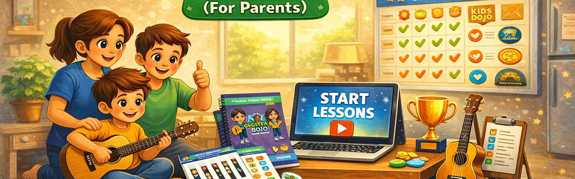 Kids Guitar Dojo onboarding illustration showing a smiling family with lesson books, fretboard stickers, a laptop with ‘Start Lessons’, and a guitar practice reward chart in a bright, playful learning environment