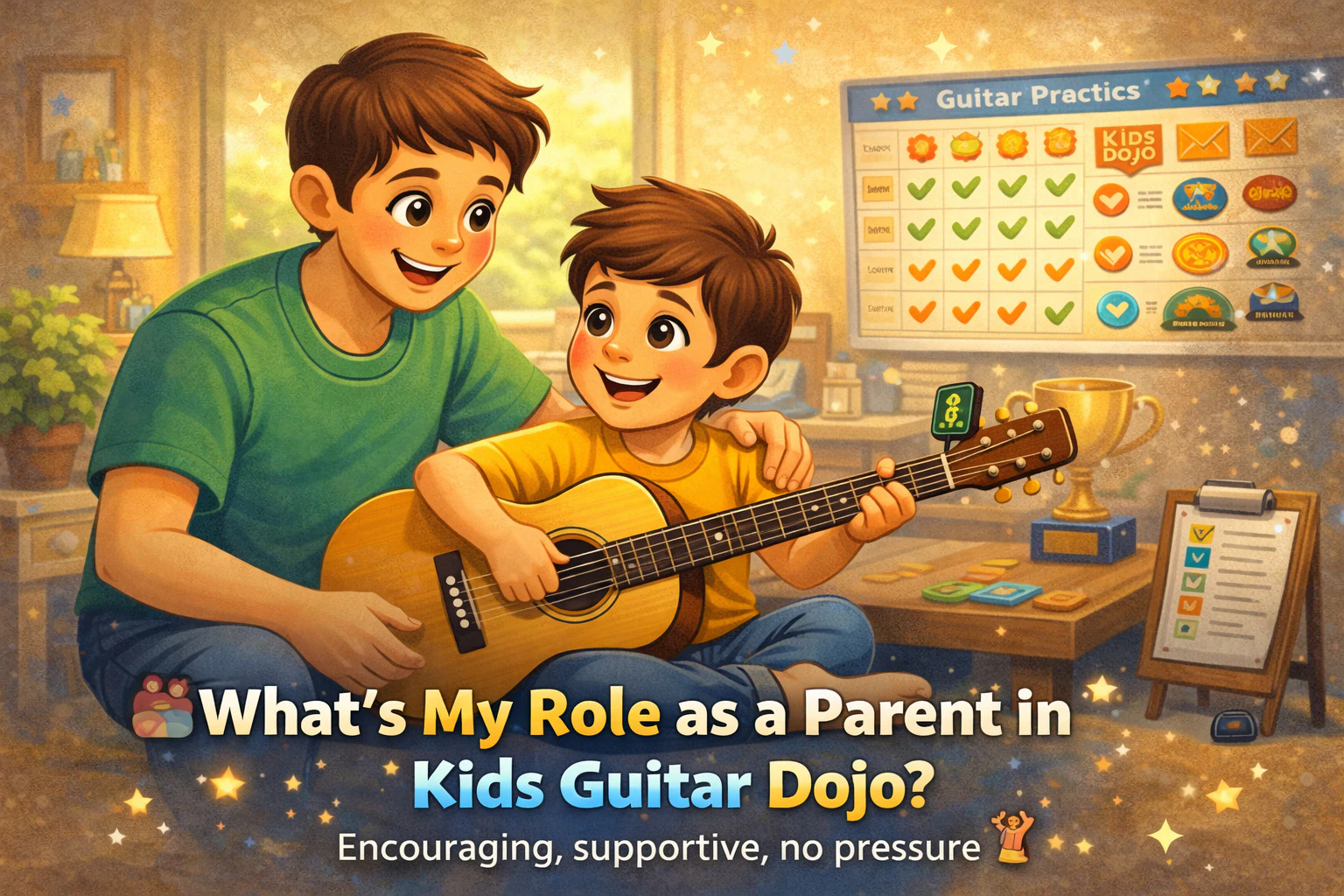Parent encouraging a child during guitar practice in a warm, supportive Kids Guitar Dojo learning environment