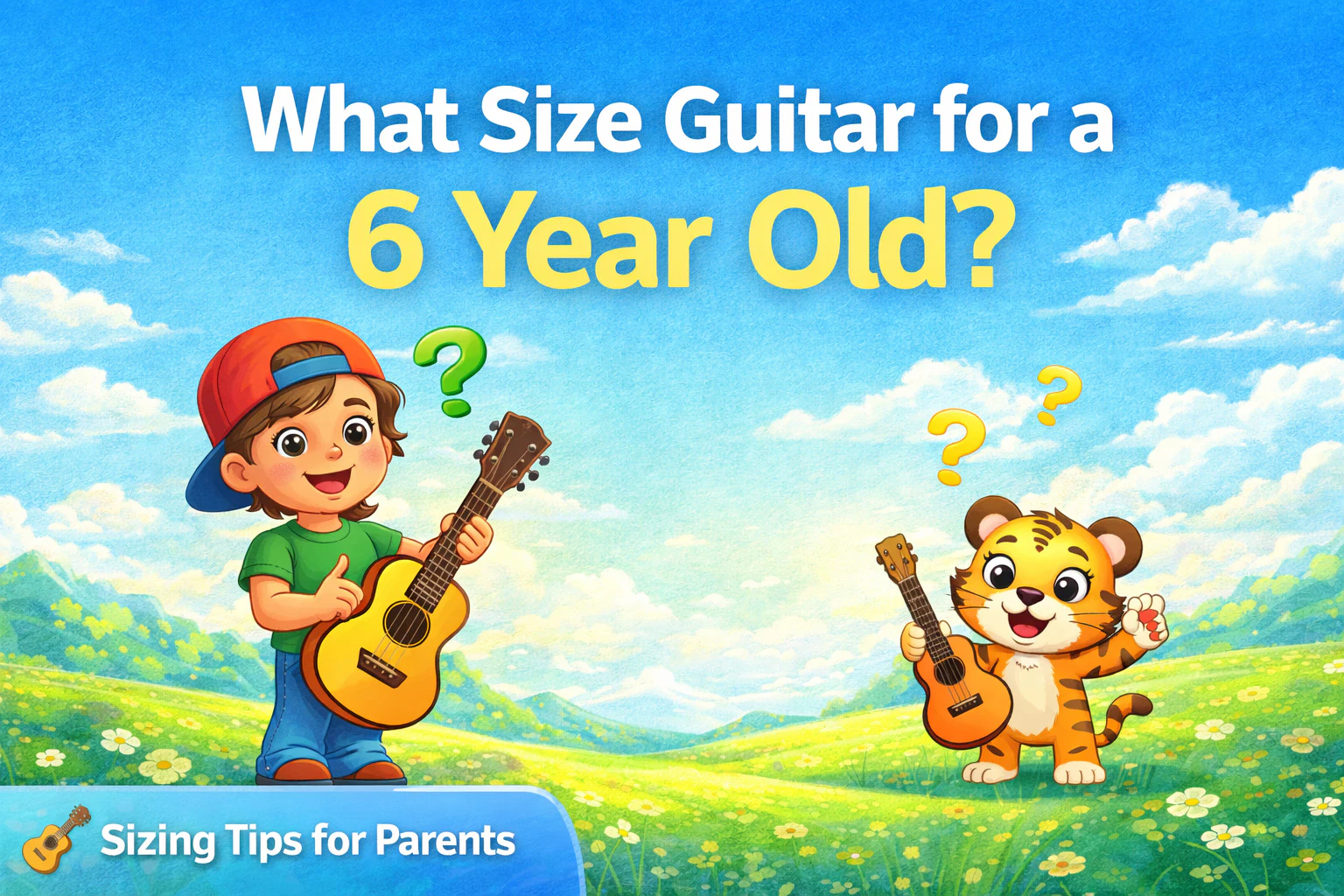 Child holding a small acoustic guitar showing the best guitar size for a 6 year old