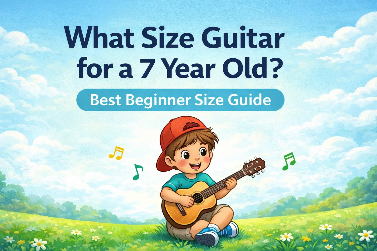 Child holding a half size guitar showing the best guitar size for a 7 year old