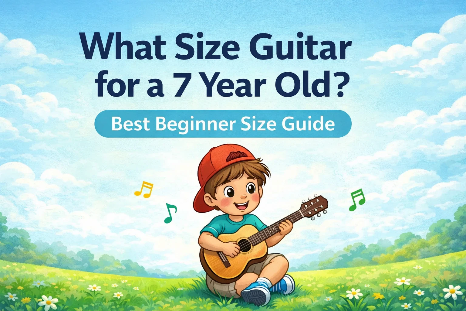 Child holding a half size guitar showing the best guitar size for a 7 year old