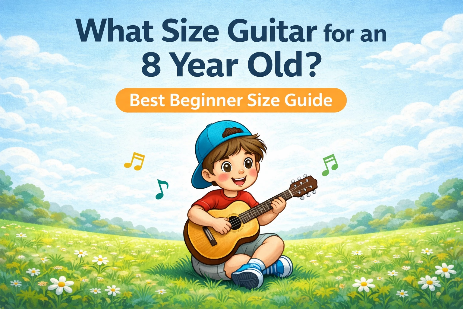 Child playing a 3/4 size acoustic guitar showing the best guitar size for an 8 year old