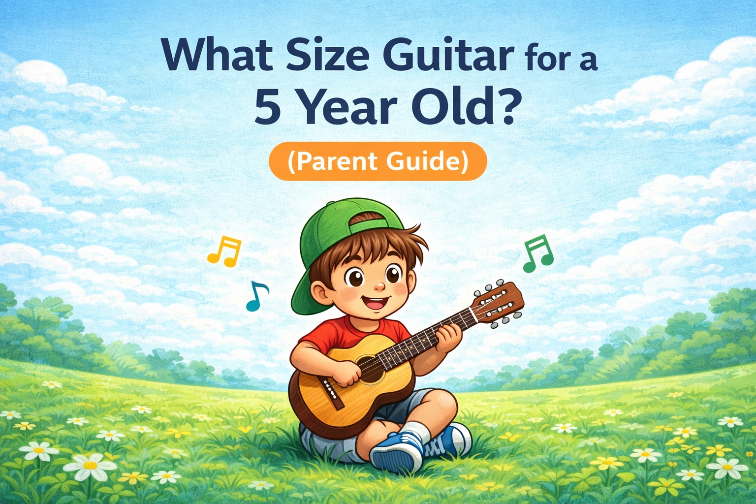 Child playing a small 1/4 size acoustic guitar showing the best guitar size for a 5 year old beginner