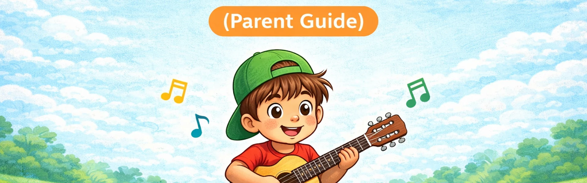 Child playing a small 1/4 size acoustic guitar showing the best guitar size for a 5 year old beginner