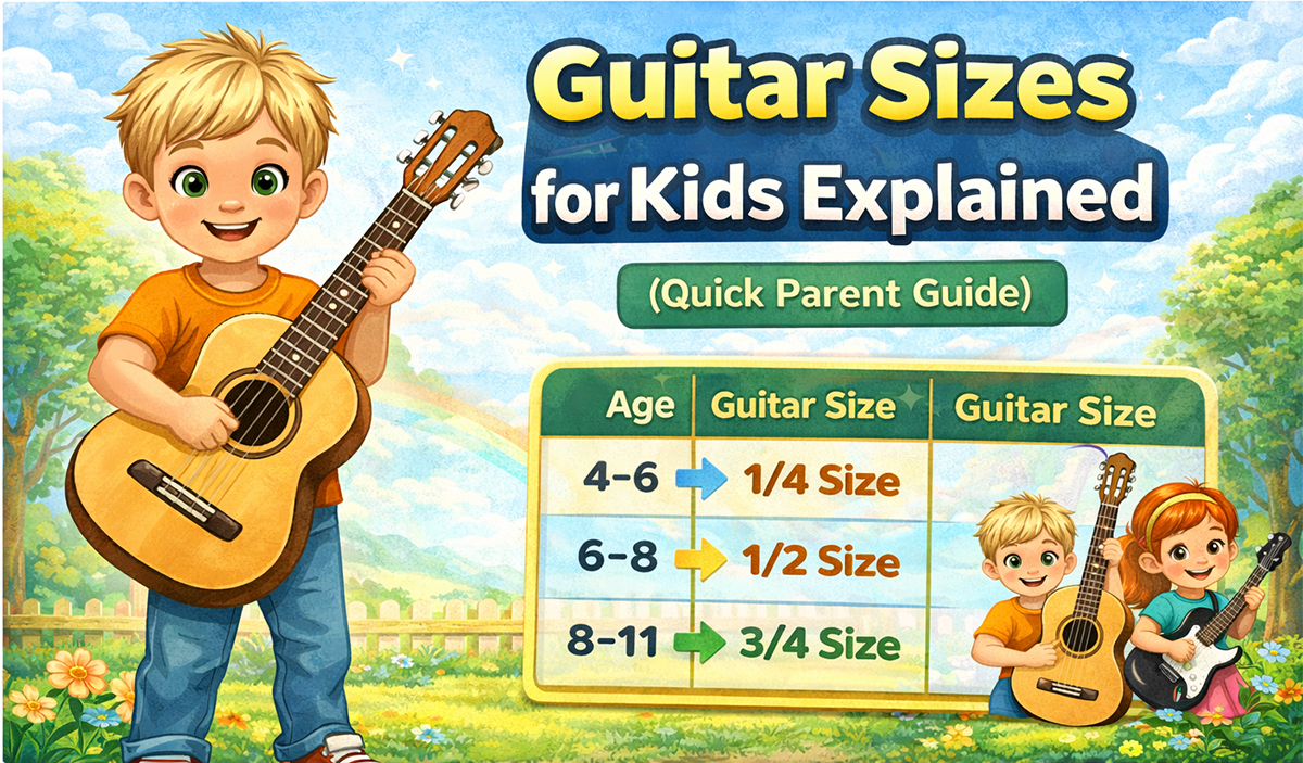 Illustration explaining guitar sizes for kids with children holding different sized guitars including 1/4, 1/2 and 3/4 sizes