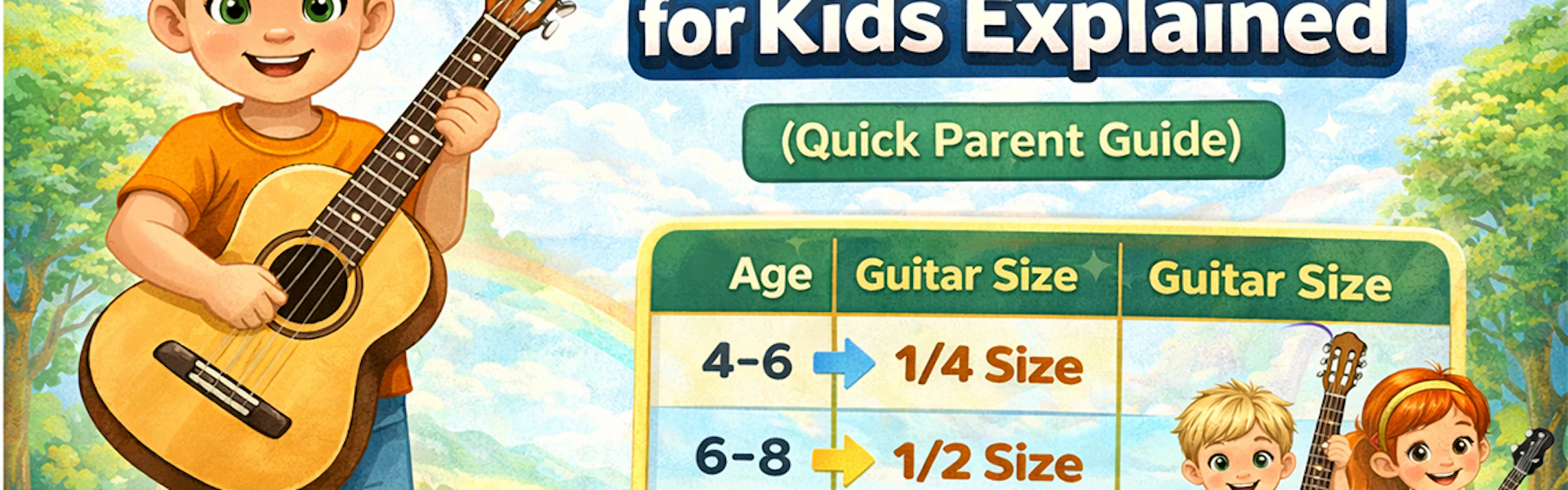 Illustration explaining guitar sizes for kids with children holding different sized guitars including 1/4, 1/2 and 3/4 sizes