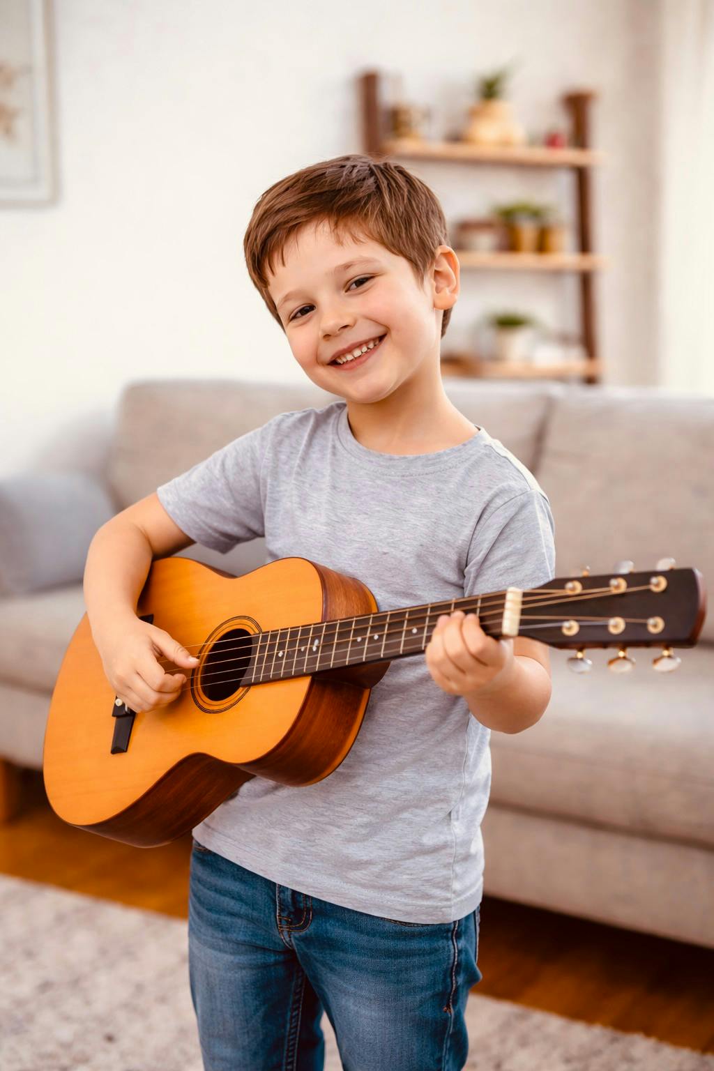 Child holding a small beginner guitar suitable for young learners