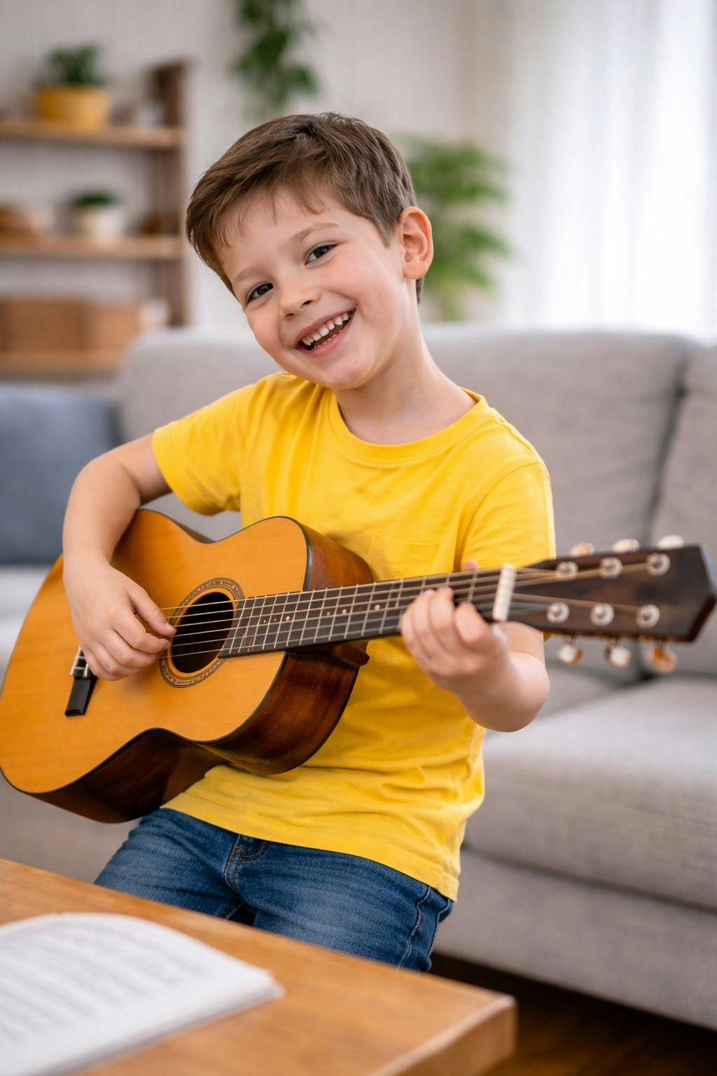 Child smiling while learning to play beginner acoustic guitar at home