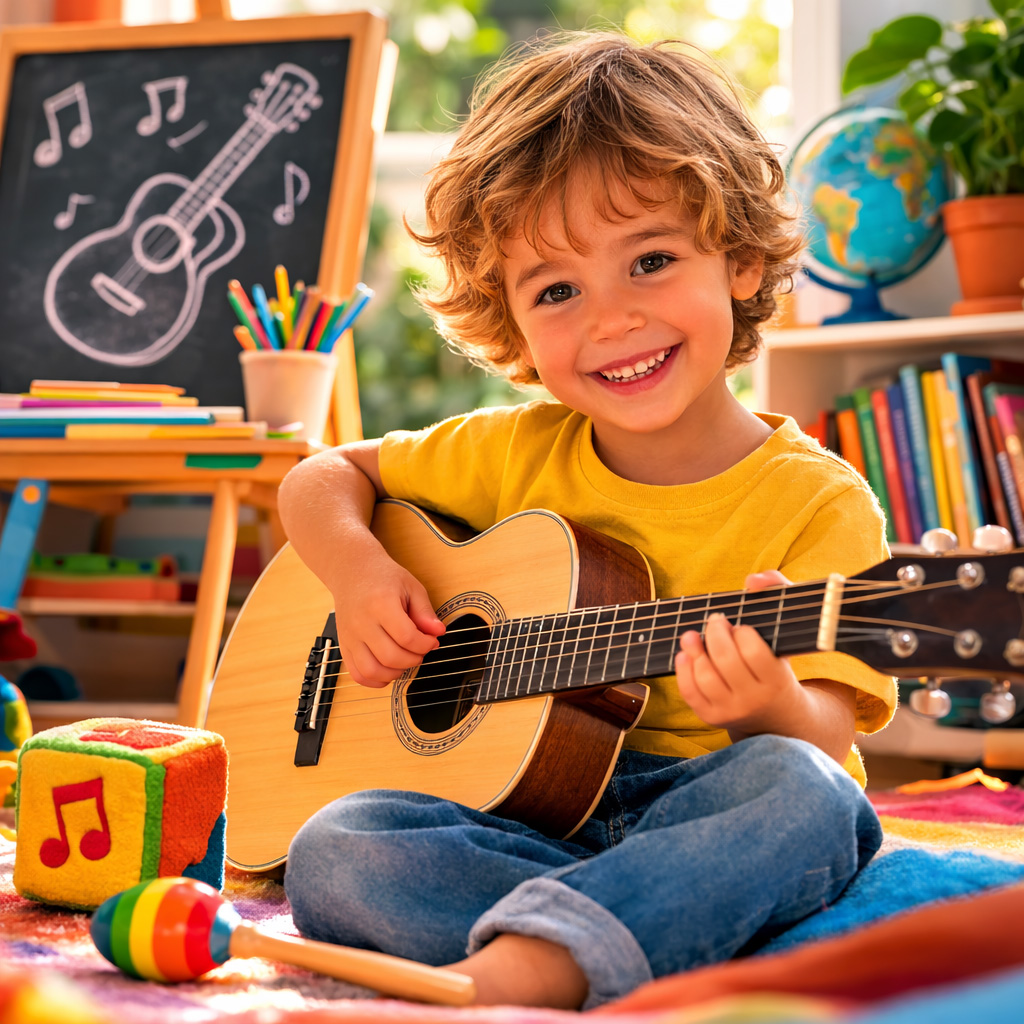 3 year old playing on an age appropriate guitar