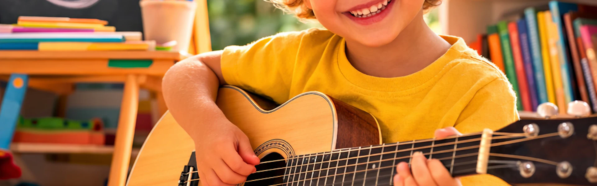 3 year old playing on an age appropriate guitar
