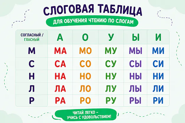 Слоговая таблица для обучения чтению