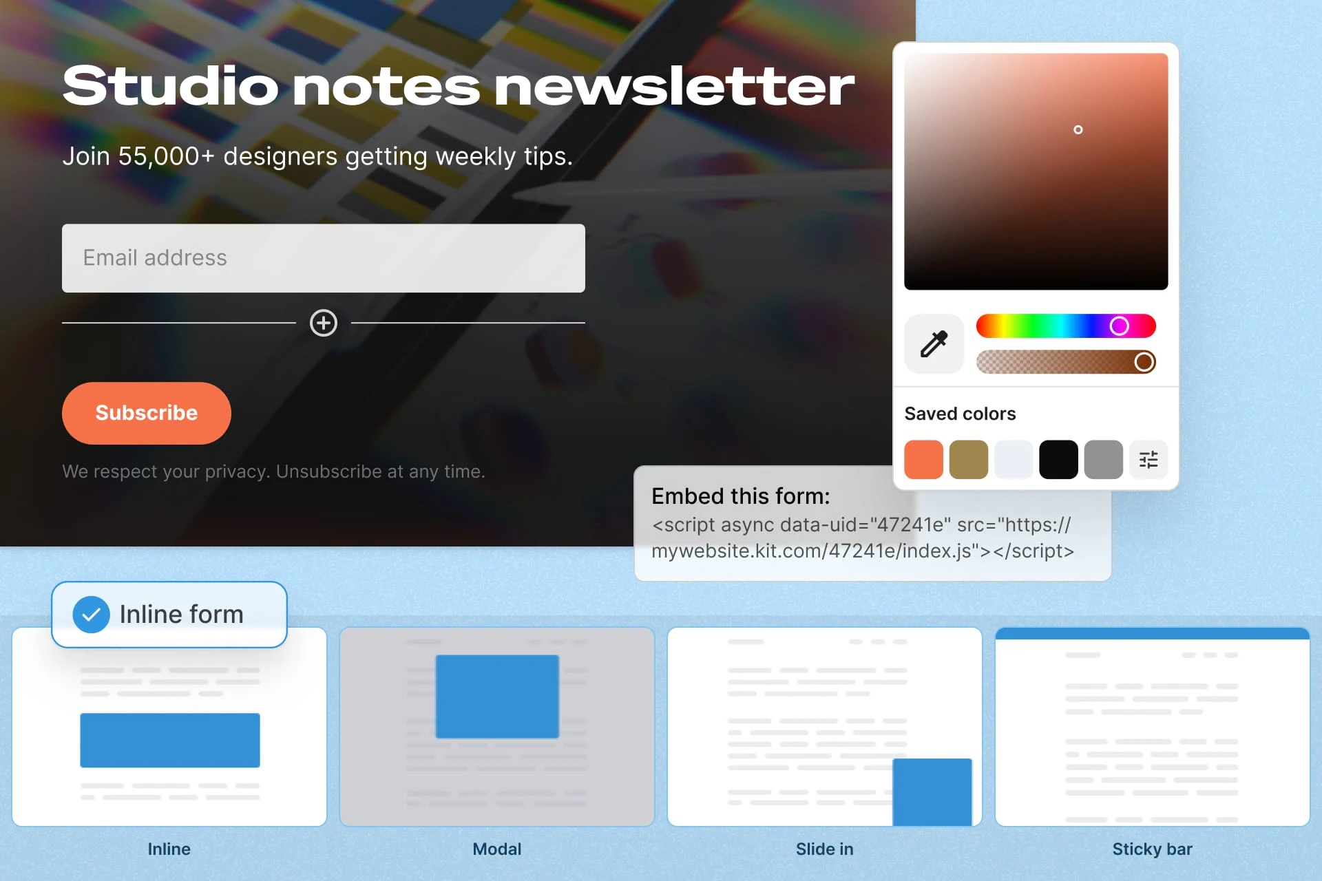 A newsletter signup form being restyled with a color picker, its embed code, and the four form types: inline, modal, slide in, and sticky bar.