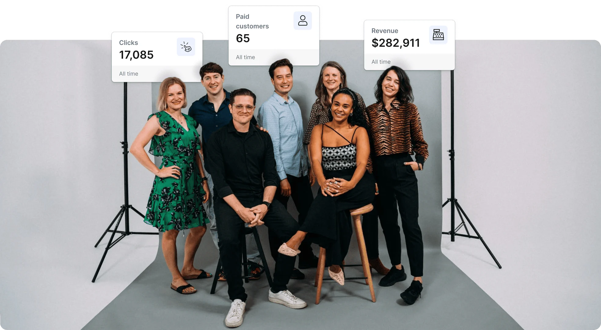 group photo of Kit creators on a studio background with statistics from the partnerstack affiliate dashboard above them