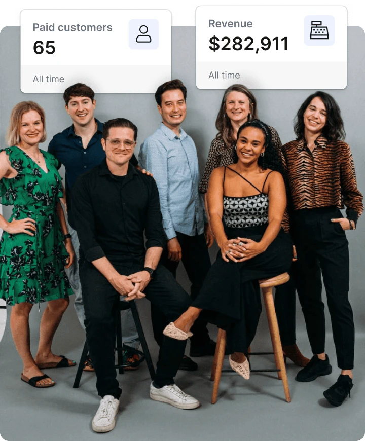 group photo of Kit creators on a studio background with statistics from the partnerstack affiliate dashboard above them