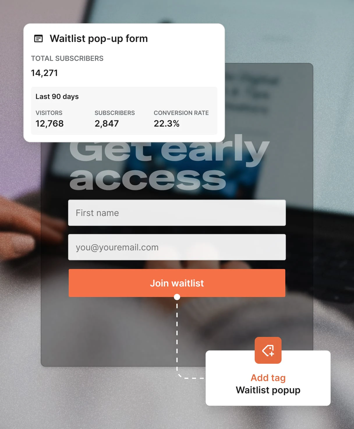 product screenshot of Kit interface with an early access form that triggers an automation to add a tag to the subscriber