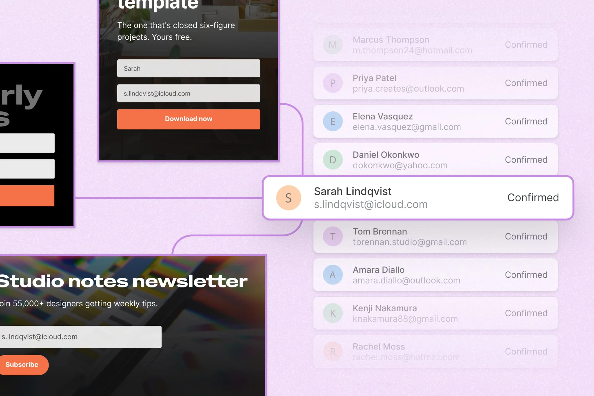 Three different Kit signup forms feeding one subscriber list, where Sarah Lindqvist appears once as a confirmed subscriber alongside other names.