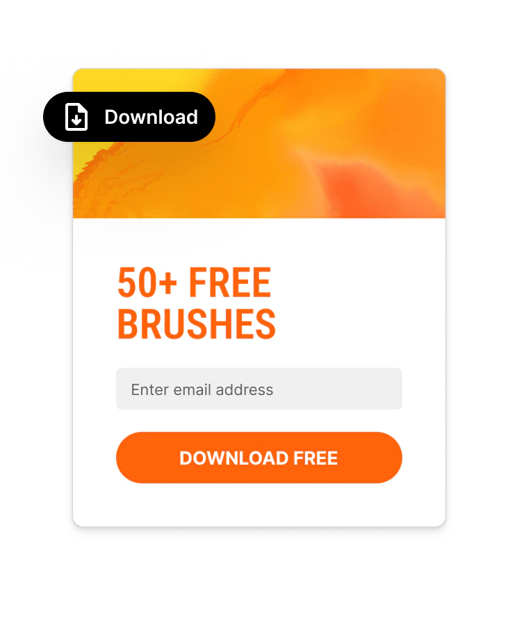 A lead magnet signup form offering 50+ free brushes, with an email field and a Download free button.