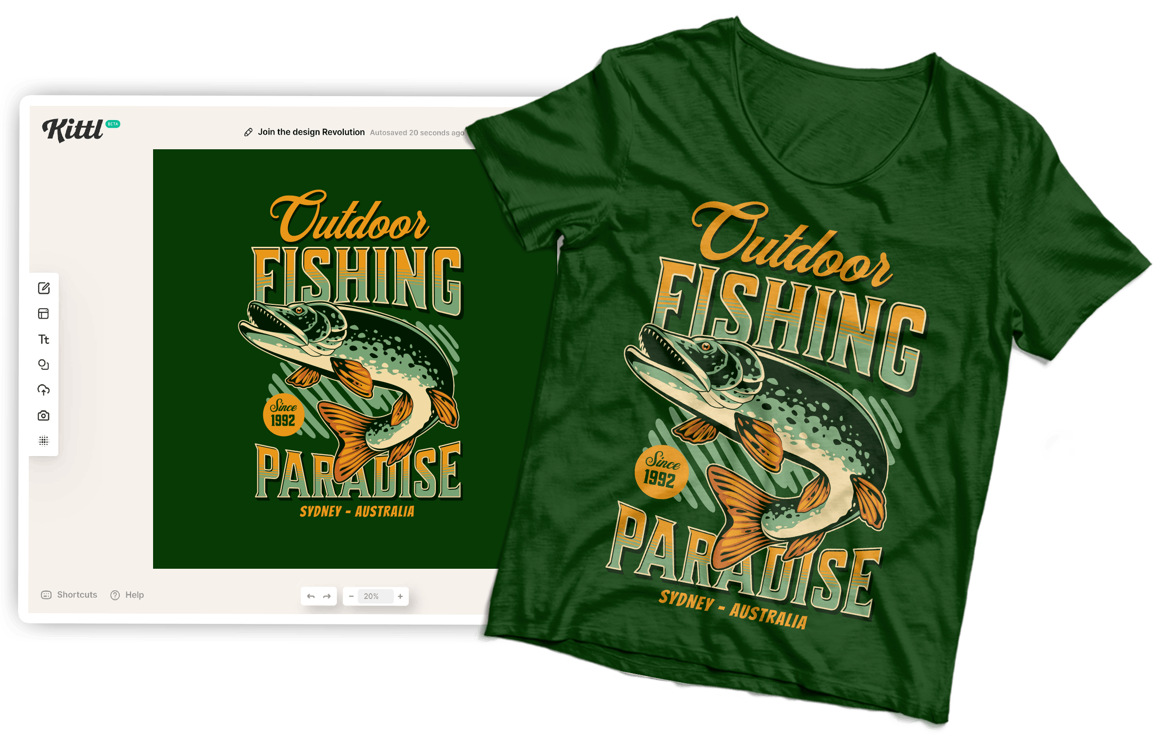 Outdoor Fishing Paradise design from Kittl to T-Shirt.