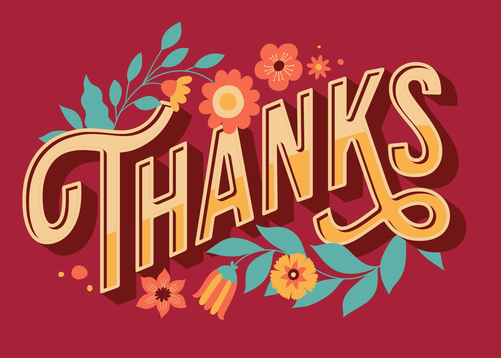 Floral Thank You card with bold colors and beveled  text.