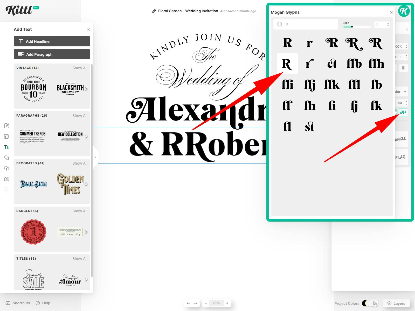 Add glyphs for your DIY Floral Wedding Invitation - elegant script fonts
