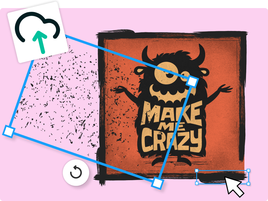 Custom splatter and brush elements uploaded to Kittl and applied to create dirty texture and brushed frame.